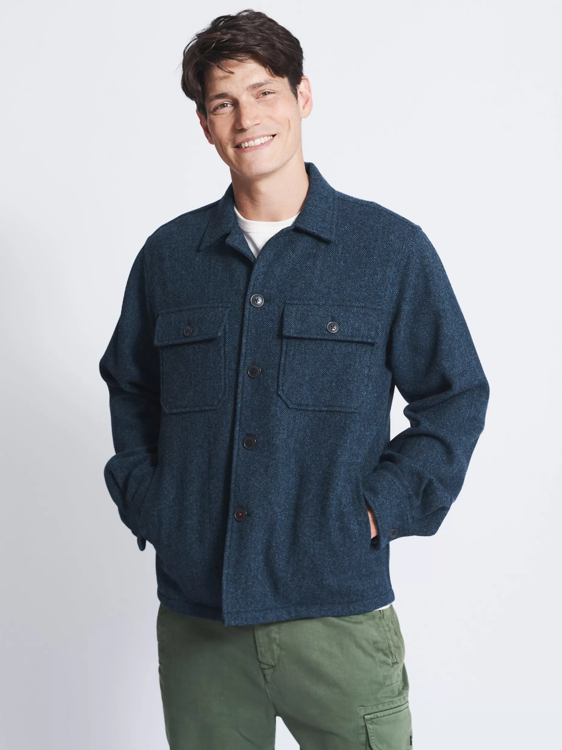 Hot Aubin Tilney Wool Overshirt Blue Herringbone