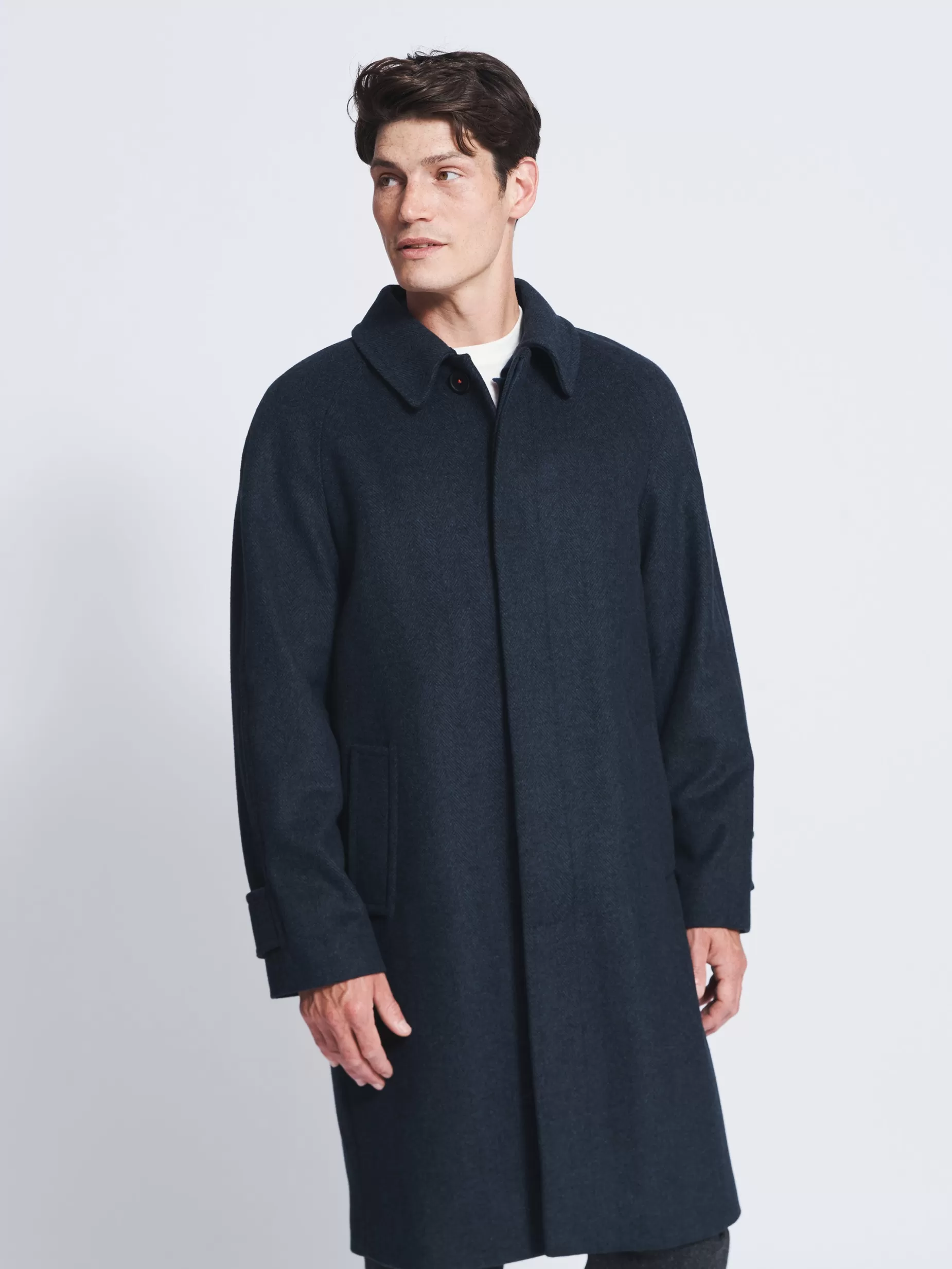 Cheap Aubin Turville Wool Overcoat Navy Herringbone